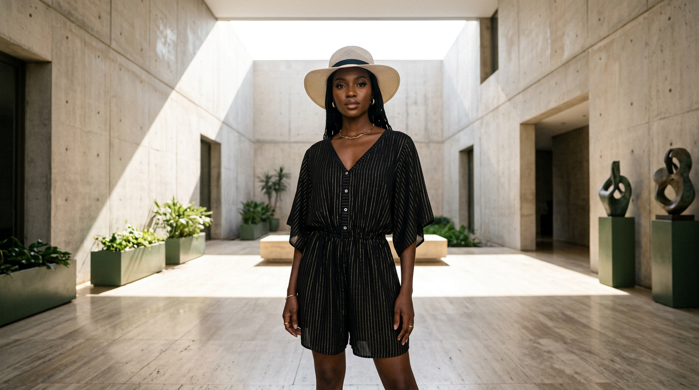 Model wearing a black pinstripe playsuit from the Biluara catalogue